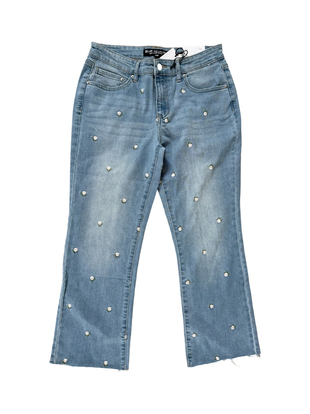 Blue Revival Light Blue Raw Hem Mid Rise Embroidered Cropped Jeans NWT Size 29